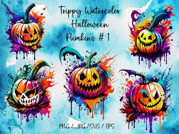 Download Trippy Watercolor Halloween Pumkins # 1 - Premium Resources